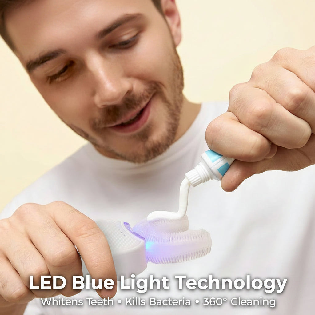Person using a teeth whitening device with text about LED blue light and tooth whitening benefits.
